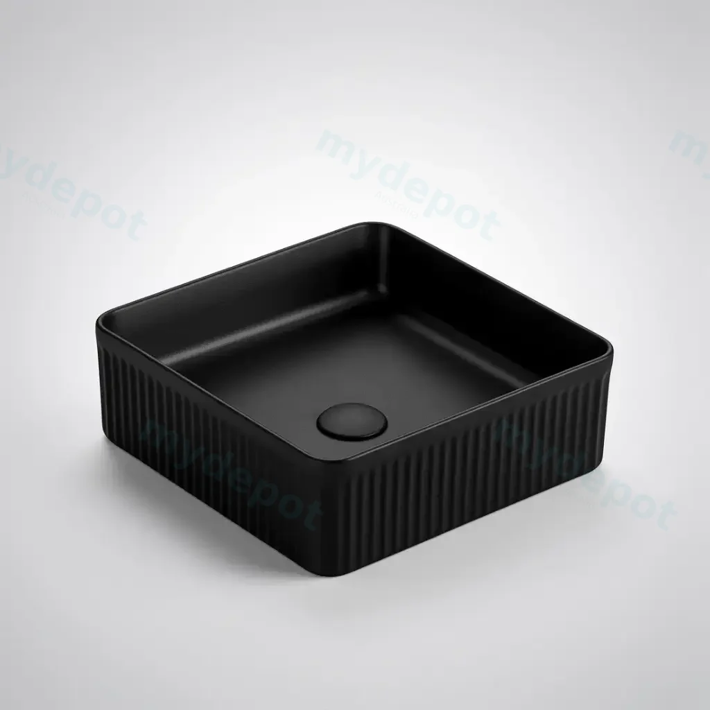 400*400*130mm Matte Black Crete Flueted Fine Ceramic Above Counter Basin No Overflow 32mm Waste