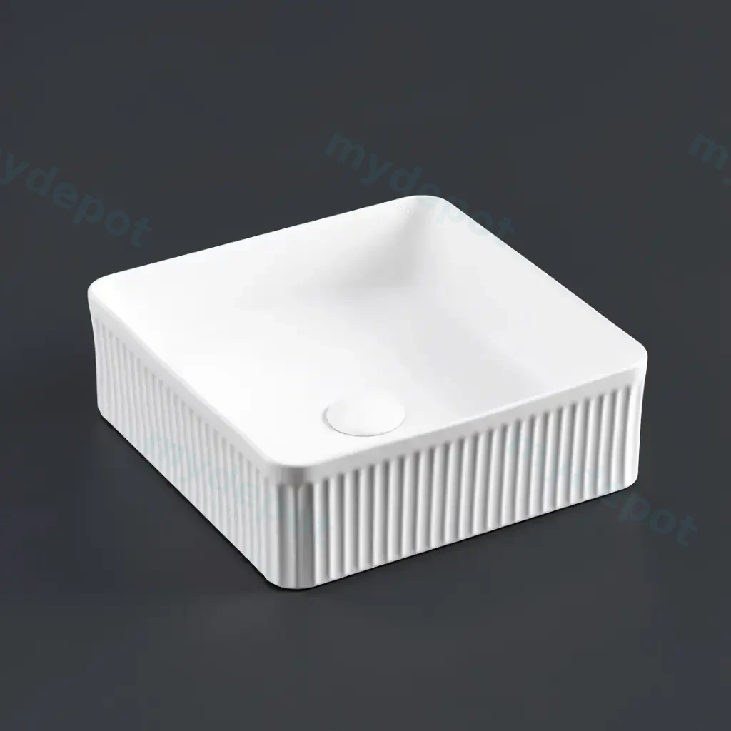 400*400*130mm Matte White Crete Flueted Fine Ceramic Above Counter Basin No Overflow 32mm Waste