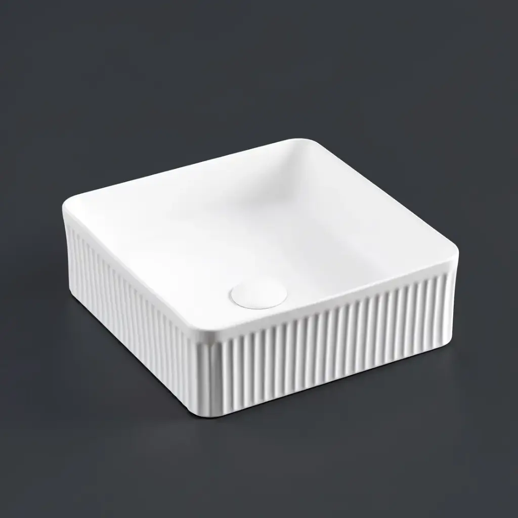 [55428] 400*400*130mm Matte White Crete Flueted Fine Ceramic Above Counter Basin No Overflow 32mm Waste