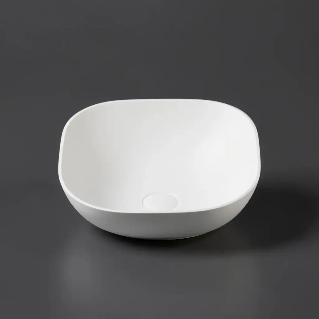 [55394] 400*400*140mm Matt White Perry Solid Surface Stone Above Counter Basin 32mm Waste