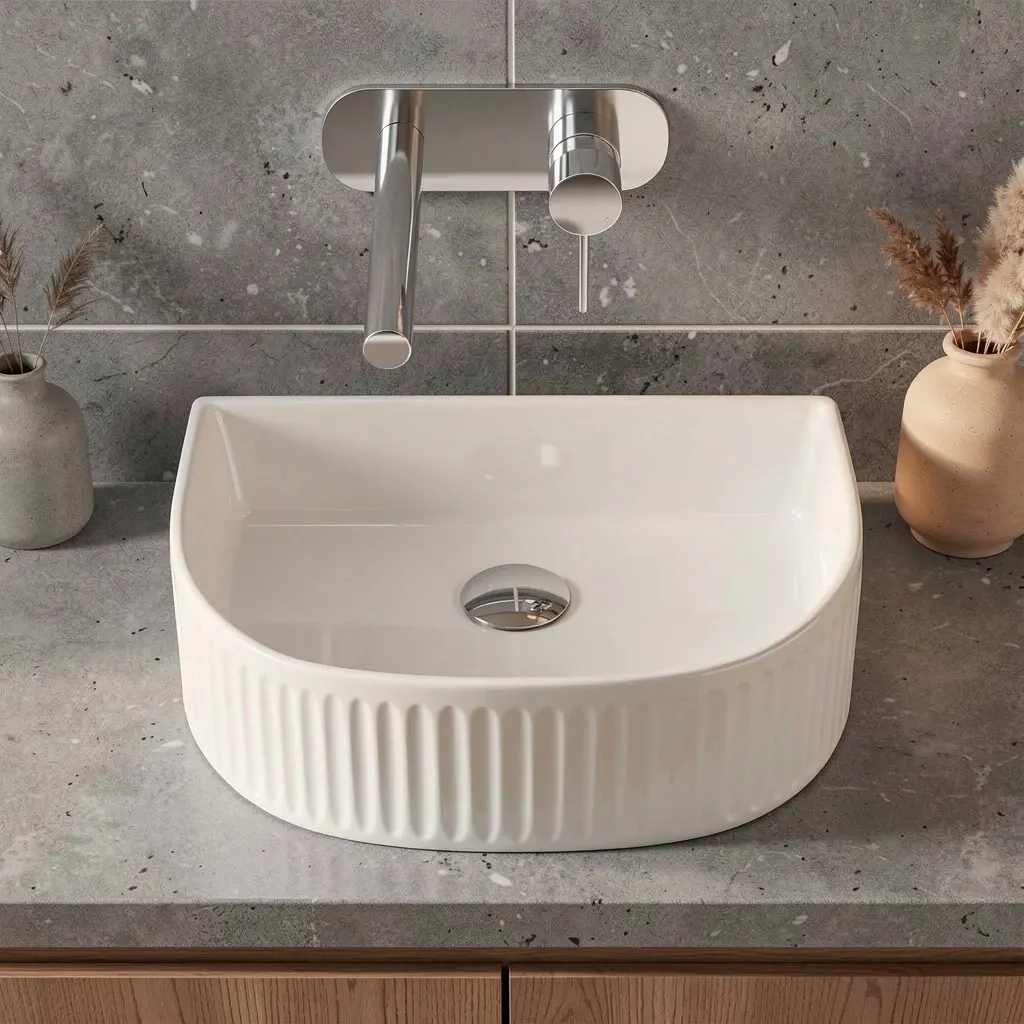 [90194/ACF400A] 400x350x130mm Arch Fluted Gloss White Ceramic Art Basin Above Counter Basin