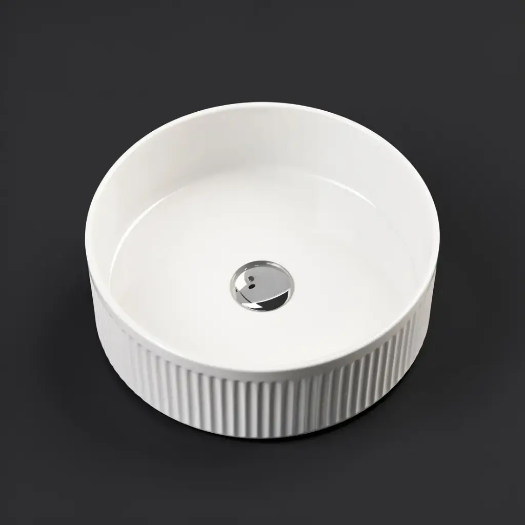 400x400x130mm Round Fluted Goss White Ceramic Art Basin Above Counter Basin Non-overflow