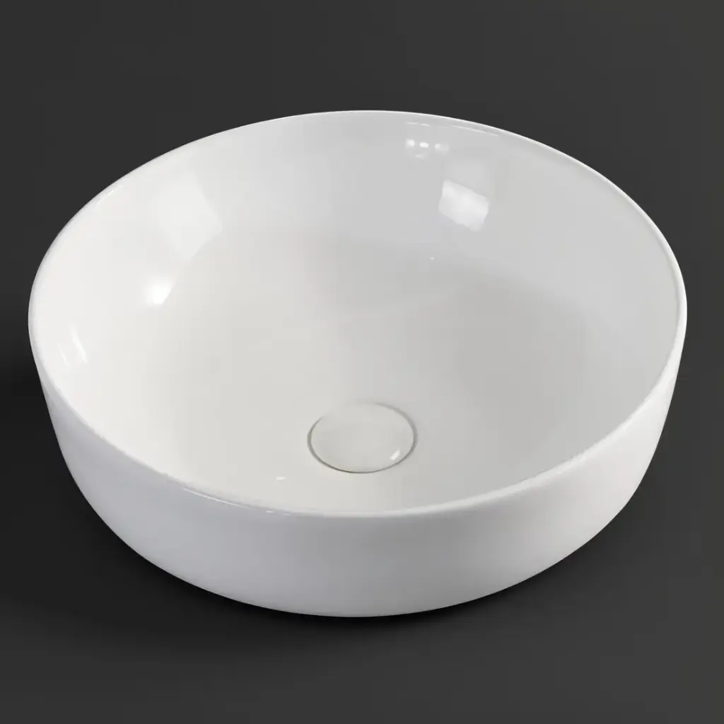 [90137/AC4214R] 420*420*140mm Round Gloss White Ceramic Above Counter Basin With Tap Hole Non-overflow