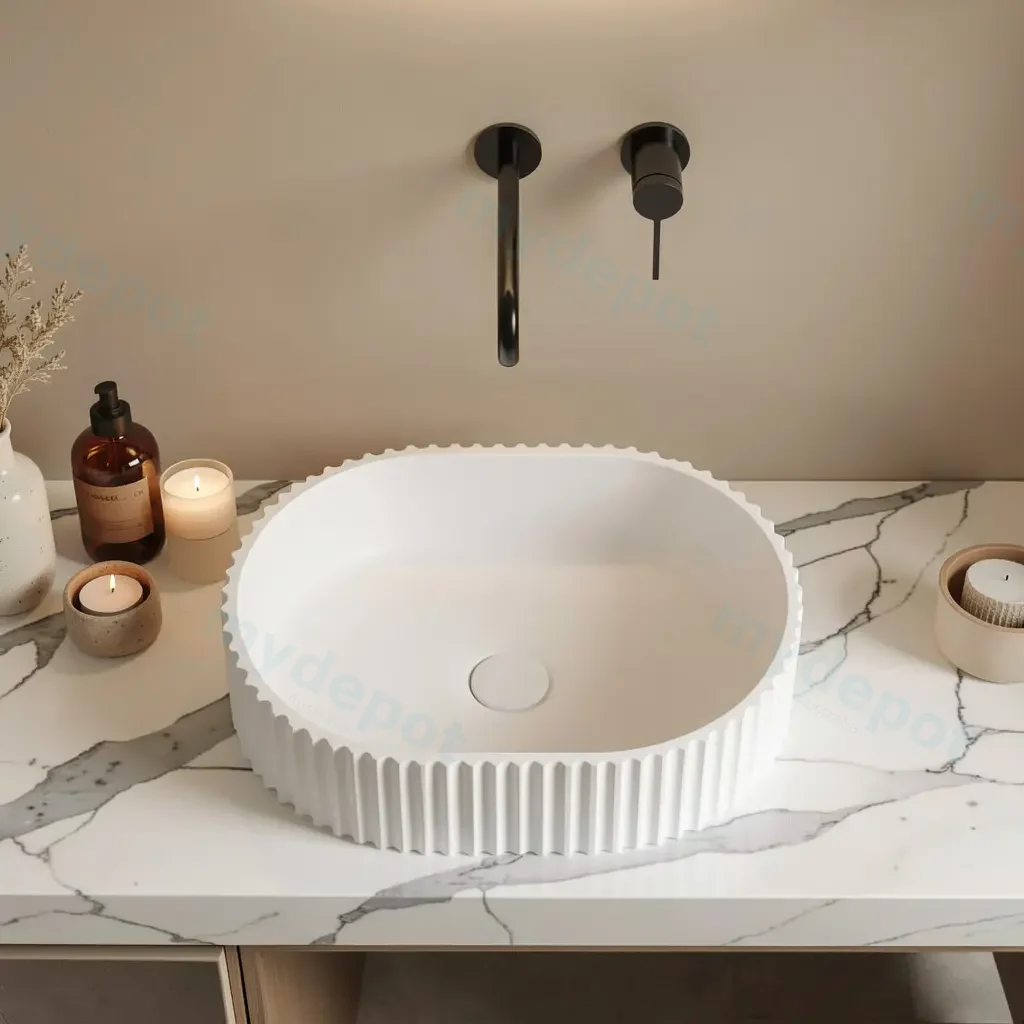 [55400] 480*345*140mm Matt White Ellips Fluted Solid Surface Above Counter Basin 32mm Waste