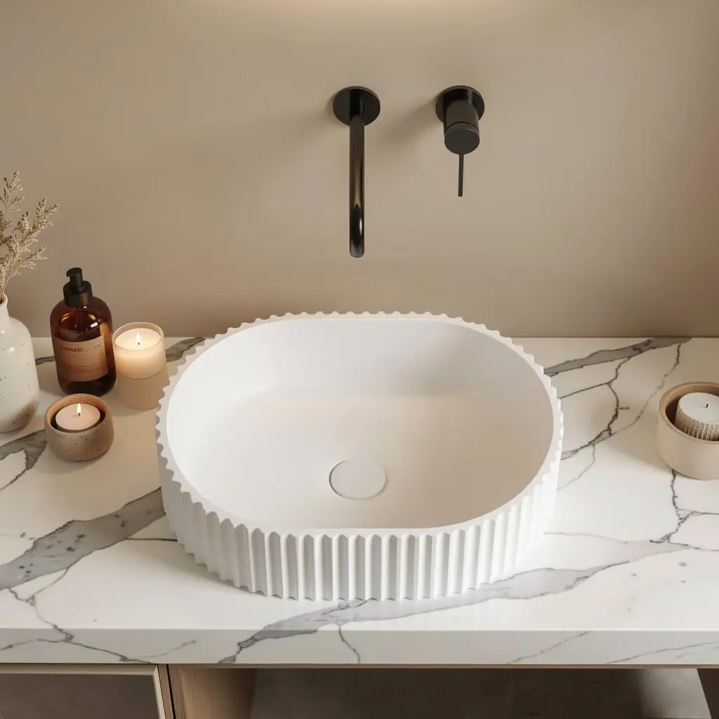 [55400] 480*345*140mm Matt White Ellips Fluted Solid Surface Above Counter Basin 32mm Waste