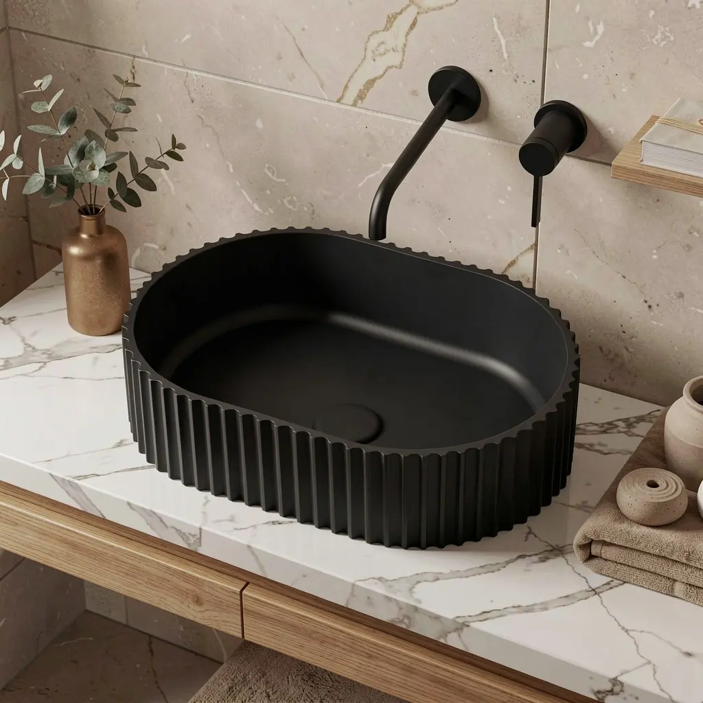 480*345*140mm Matte Black Ellips Fluted Solid Surface Above Counter Basin 32mm Waste