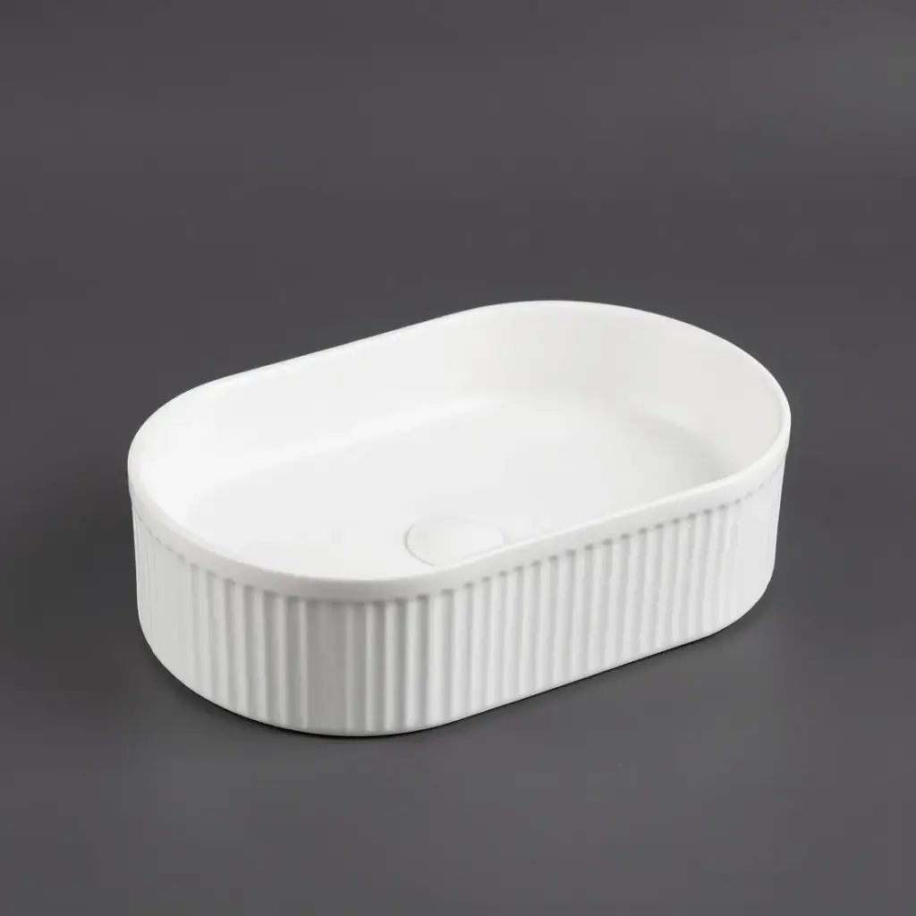 [55434] 490*310*130mm Matte White Ellips Fluted Fine Ceramic Above Counter Basin No Overflow 32mm Waste