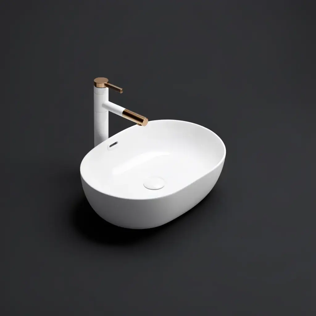 [55442] 490*350*140mm Gloss White Ellips Fine Ceramic Above Counter Basins Overflow,32mm Waste