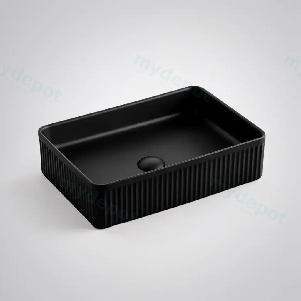 500*340*130mm Matte Black Crete Flueted Fine Ceramic Above Counter Basin No Overflow 32mm Waste