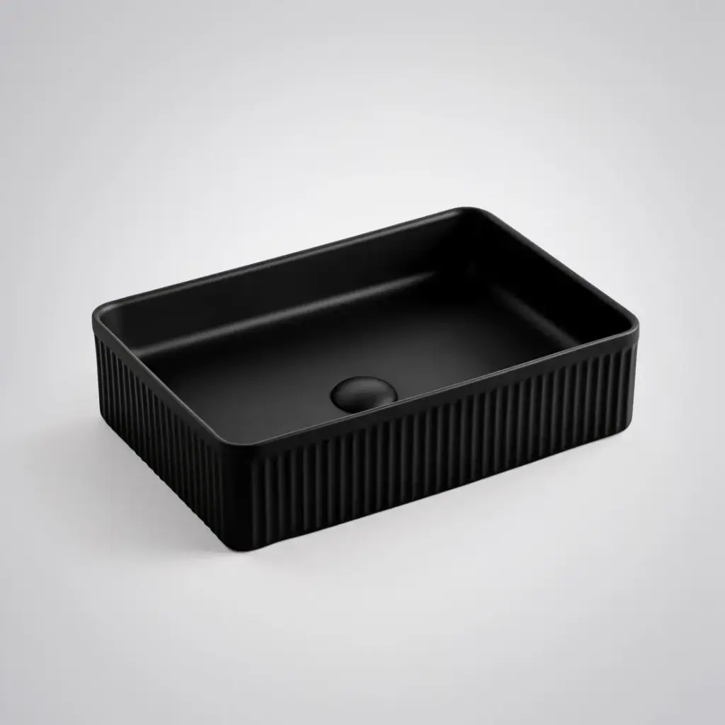 [55431] 500*340*130mm Matte Black Crete Flueted Fine Ceramic Above Counter Basin No Overflow 32mm Waste