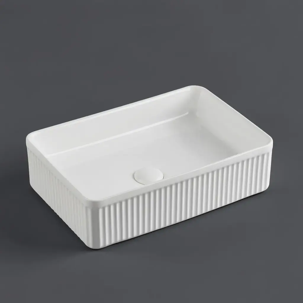 [55430] 500*340*130mm Matte White Crete Flueted Fine Ceramic Above Counter Basin No Overflow 32mm Waste