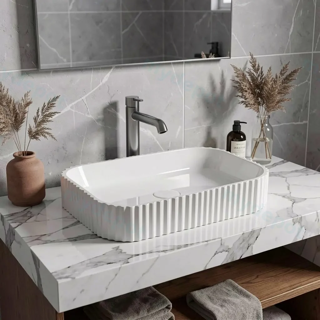 [55407] 500*350*120mm Gloss White Japserfluted Solid Surface Above Counter Basin 32mm Waste