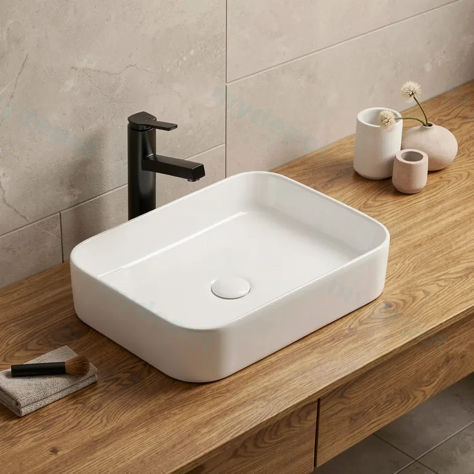 [55452] 500*370*110mm Gloss White Kliff Fine Ceramic Above Counter Basin No Overflow,32mm Waste