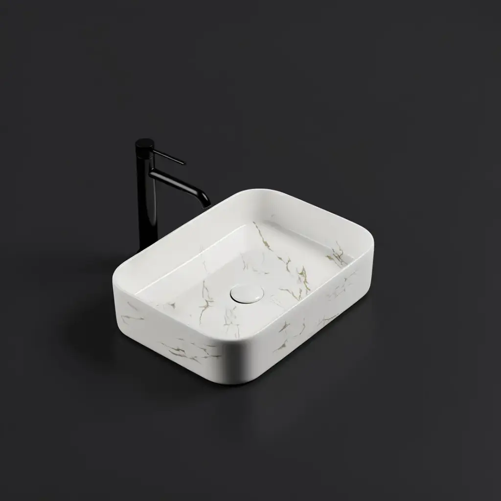 [55453] 500*370*110mm Matte Marble White Kliff Fine Ceramic Above Counter Basin No Overflow,32mm Waste