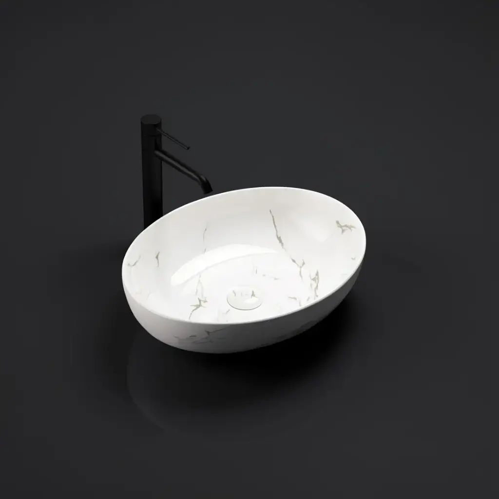 [55423] 520*395*130mm Matt Carrara White Carey Fine Ceramic Above Counter Basin No Overflow,32mm Waste