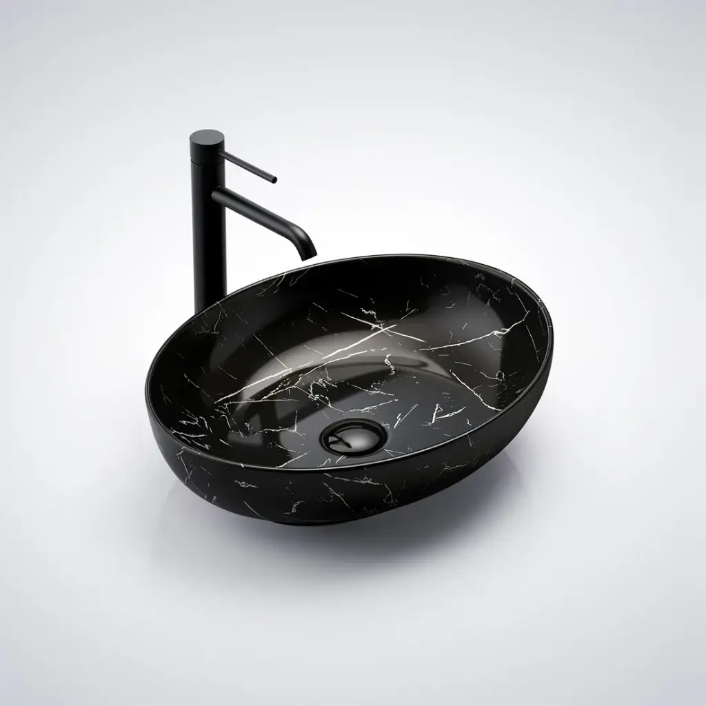 [55421] 520*395*130mm Matt Marble Black Carey Fine Ceramic Above Counter Basin No Overflow,32mm Waste