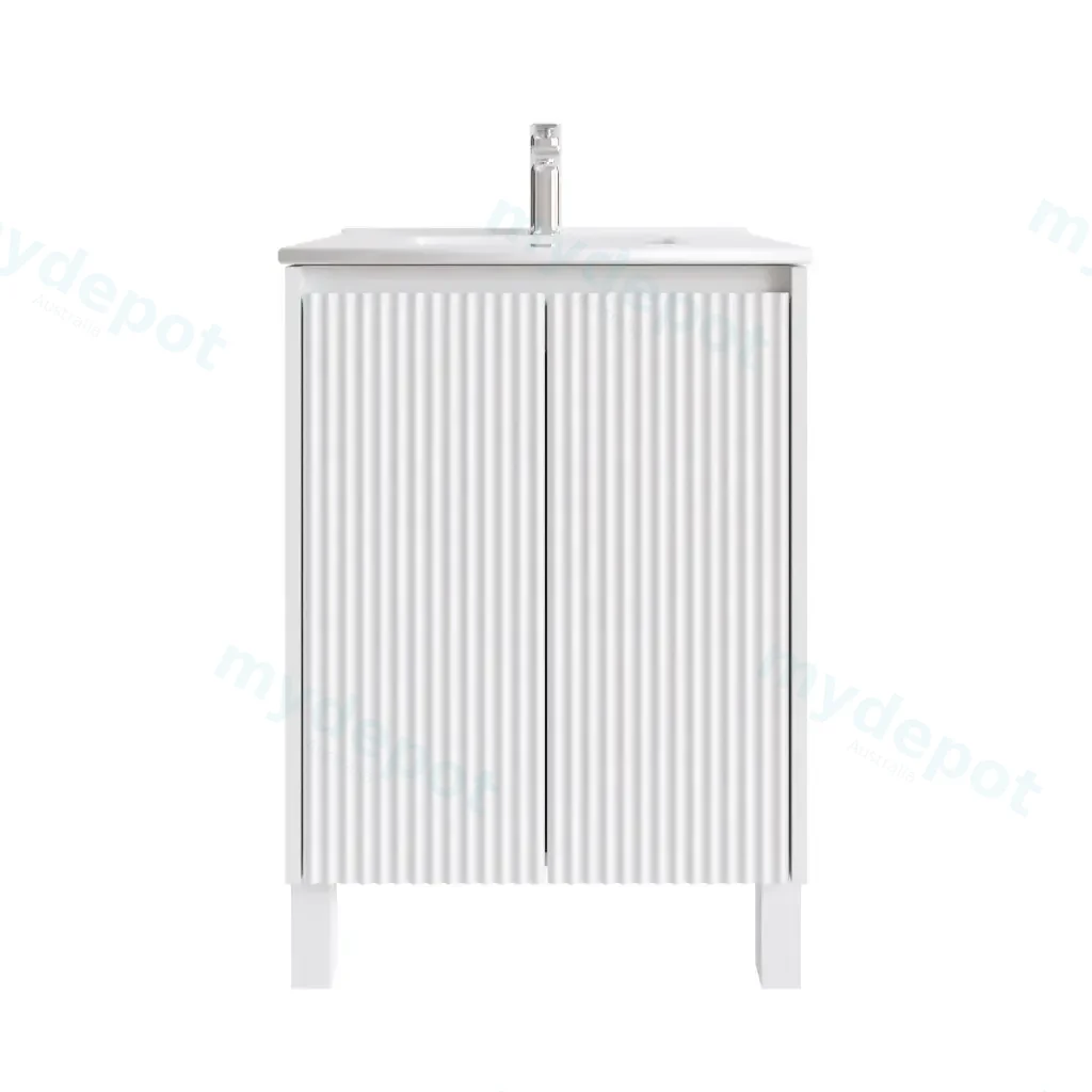 600mm Freestanding Bathroom Vanity Cabinet Only PVC 2 Door Fluted Matte White