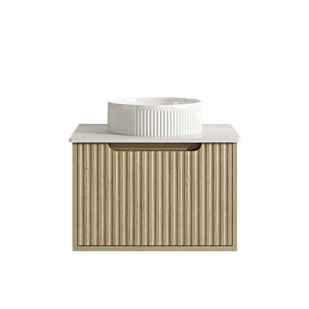 [50554] 590x455x390 Natural Oak Premium Straight Edge Wall Hung vanity With Carrara Stone Top