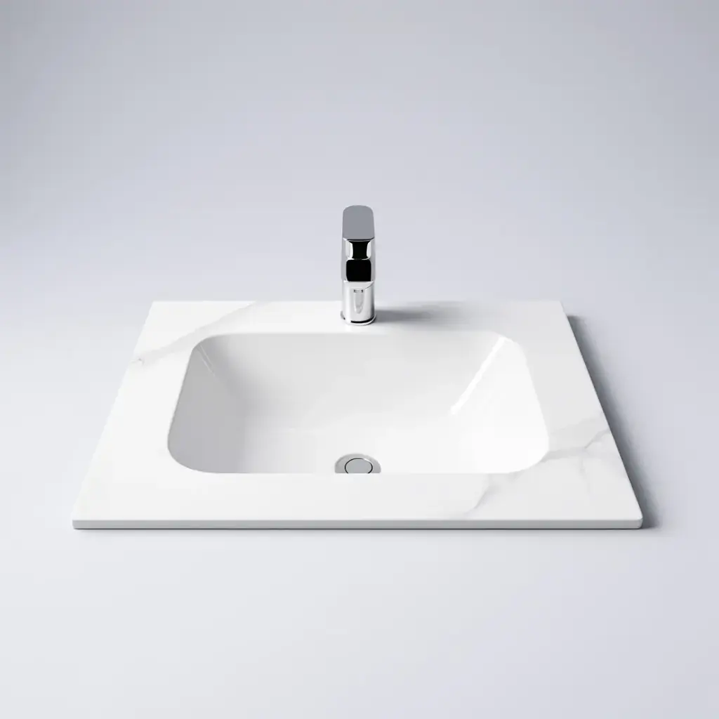 [90199/UMST6046-WM] 600L*460D*180Hmm White Marble Look Sintered Stone Top With Undermount Basin