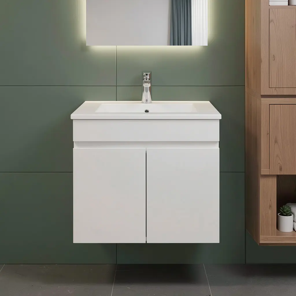 [91001/M63W] 600mm Narrow Gloss White MDF 2 Doors Wall Hung Bathroom Vanity Cabinet Only