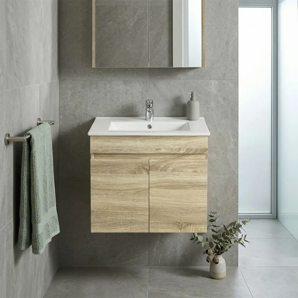 [93229/B63W-WO] 600mm Slim White Oak MDF Wall Hung Bathroom Vanity Cabinet Only 2 Doors