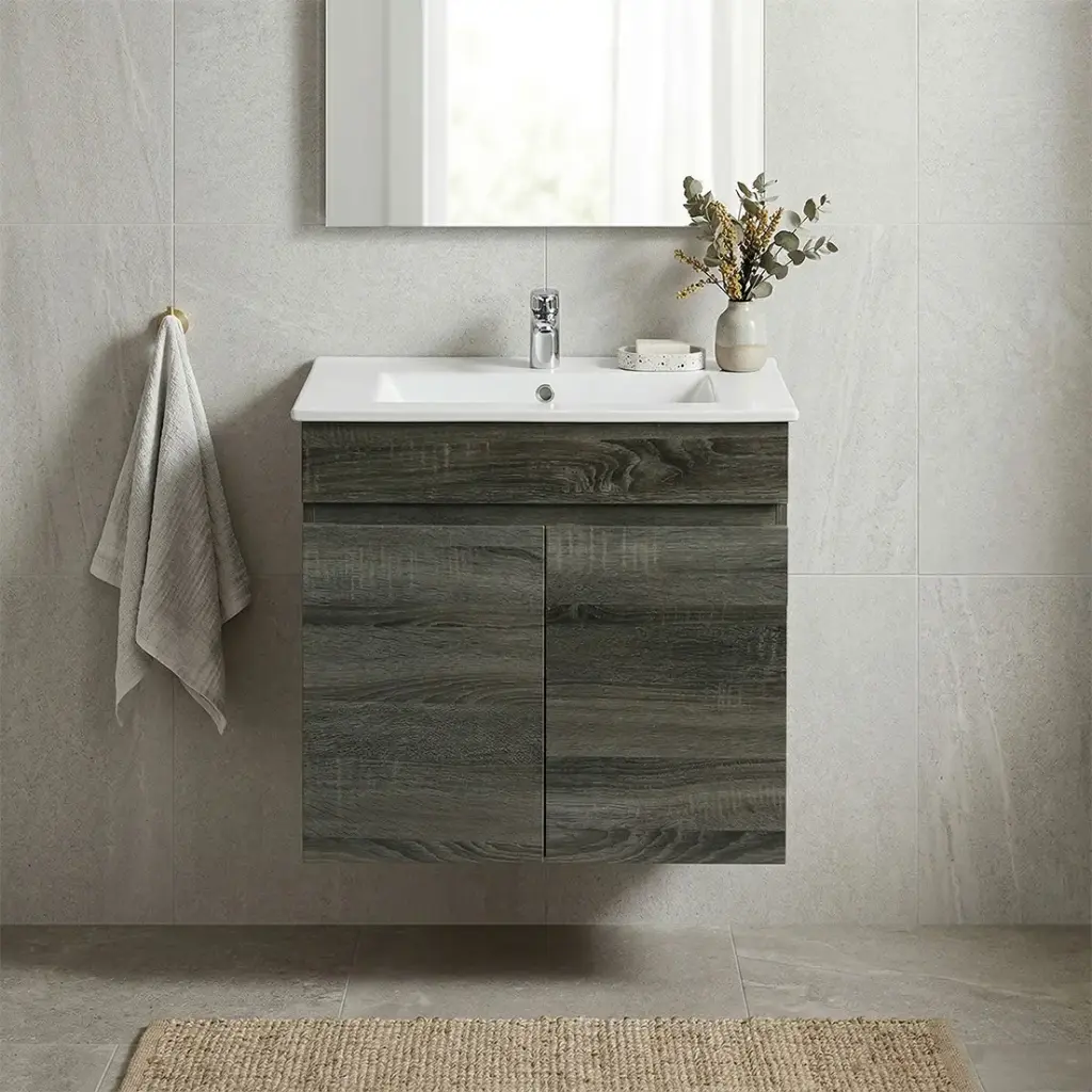 [93142/B64W-DG] 600mm Dark Grey MDF Wall Hung Bathroom Vanity Cabinet Only 2 Doors