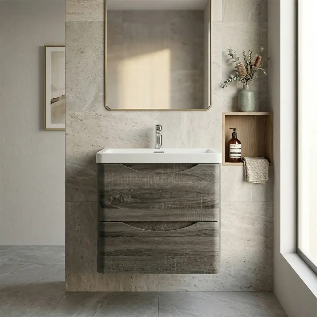 [93234/OW600DG] 600mm Dark Grey MDF Board with PVC Vacuum Filmed Two Drawers Curved Wall Hung Vanity Cabinet Only