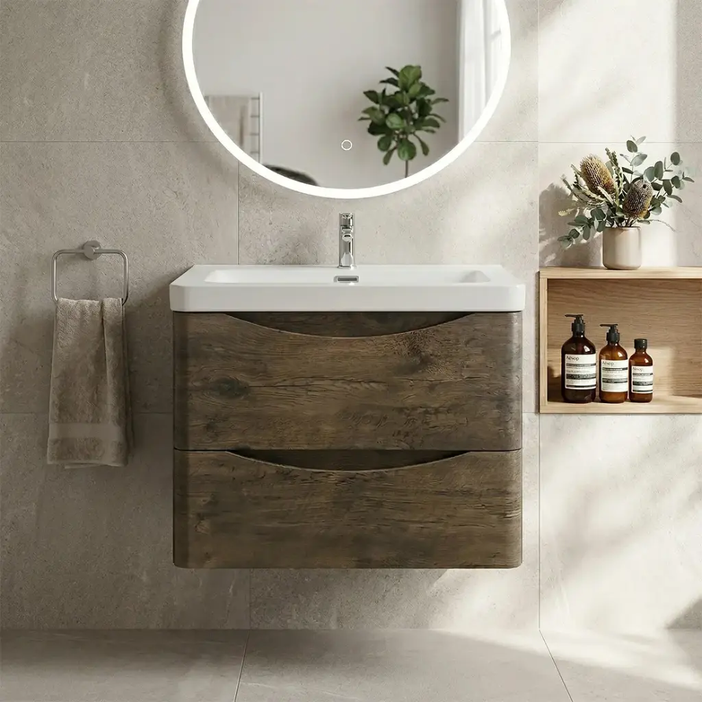 [93235/OW600DO] 600mm Dark Oak MDF Board with PVC Vacuum Filmed Two Drawers Curved Wall Hung Vanity Cabinet Only