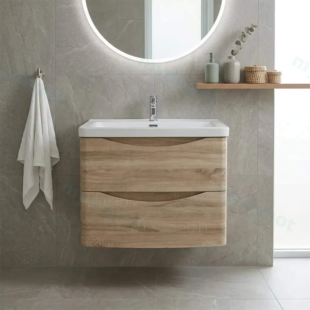 600mm White Oak MDF Board with PVC Vacuum Filmed Two Drawers Curved Wall Hung Vanity Cabinet Only