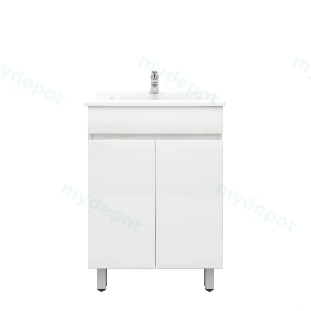 600mm Slim Freestanding Bathroom Vanity Cabinet Only with Legs PVC 2 Door Gloss White