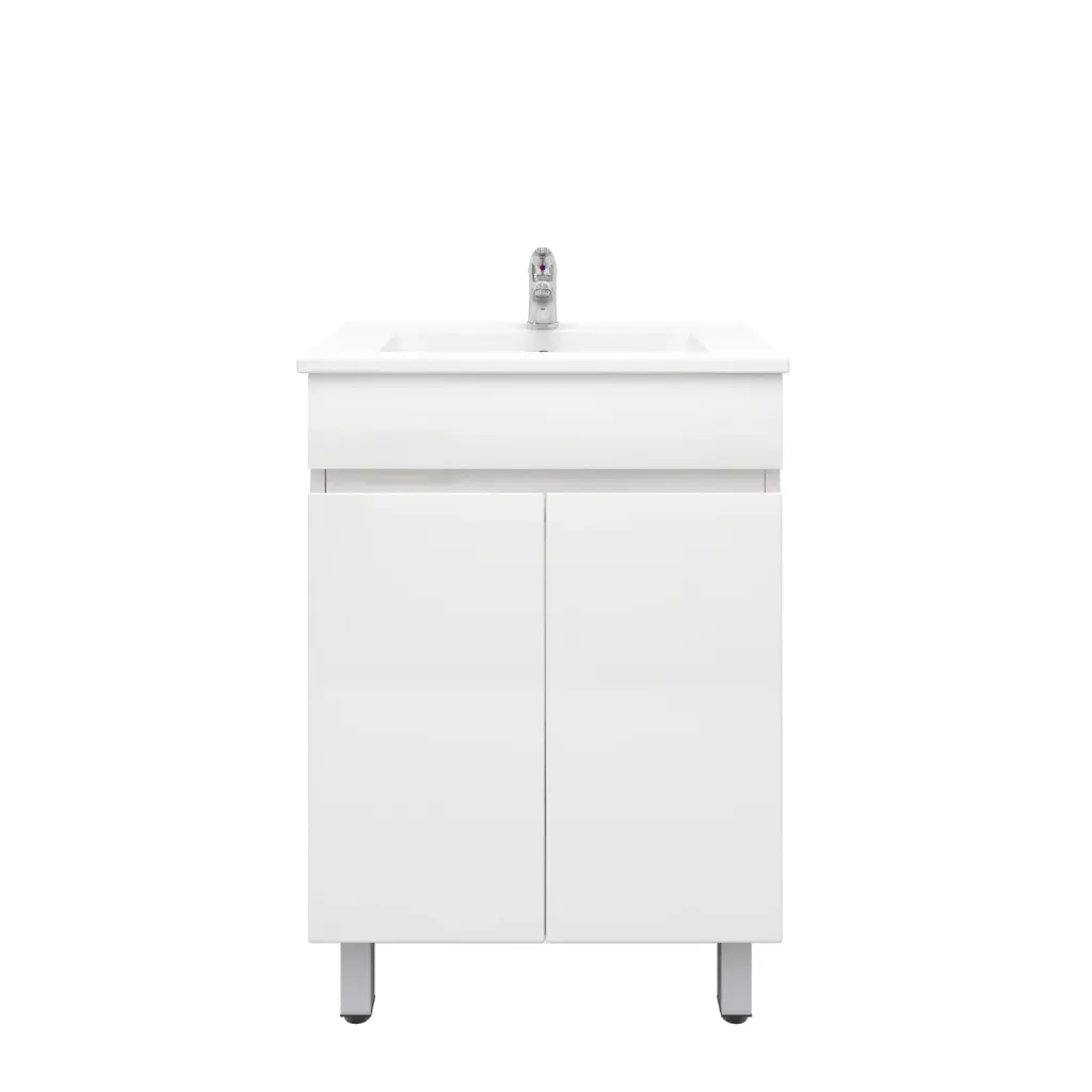 [92002/PVC63L] 600mm Slim Freestanding Bathroom Vanity Cabinet with Legs PVC 2 Door Gloss White