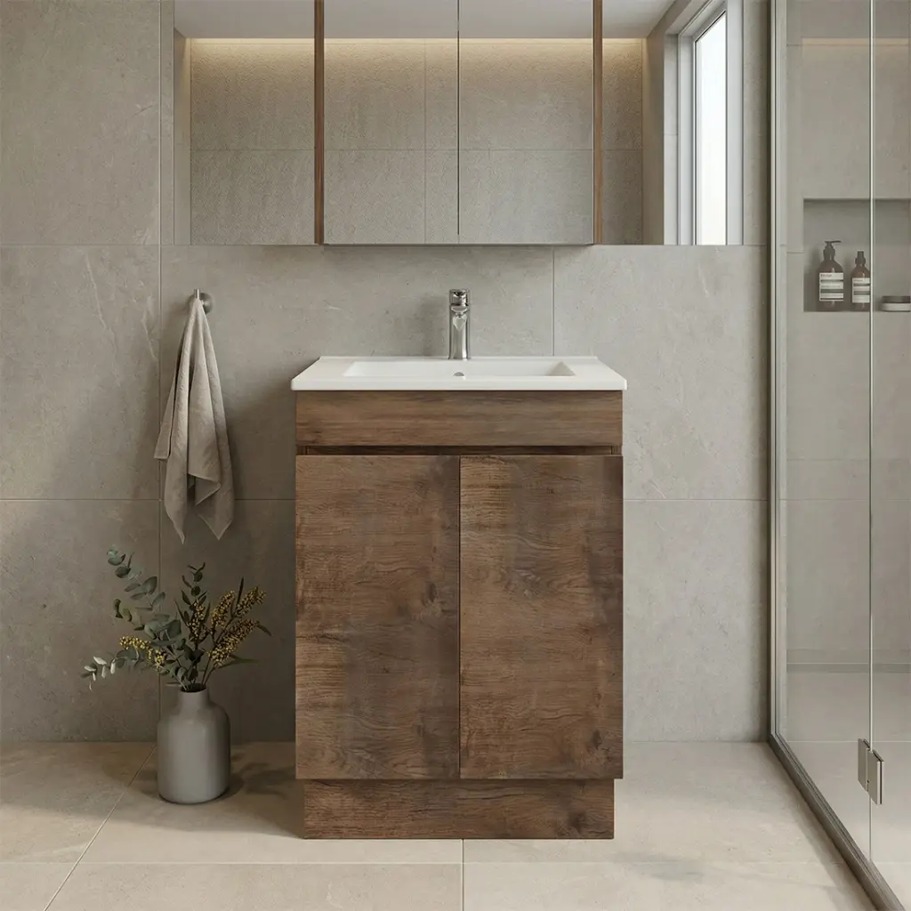 [93103/B64L-DO] 600mm Dark Oak MDF Freestanding Bathroom Vanity Cabinet Only 2 Doors