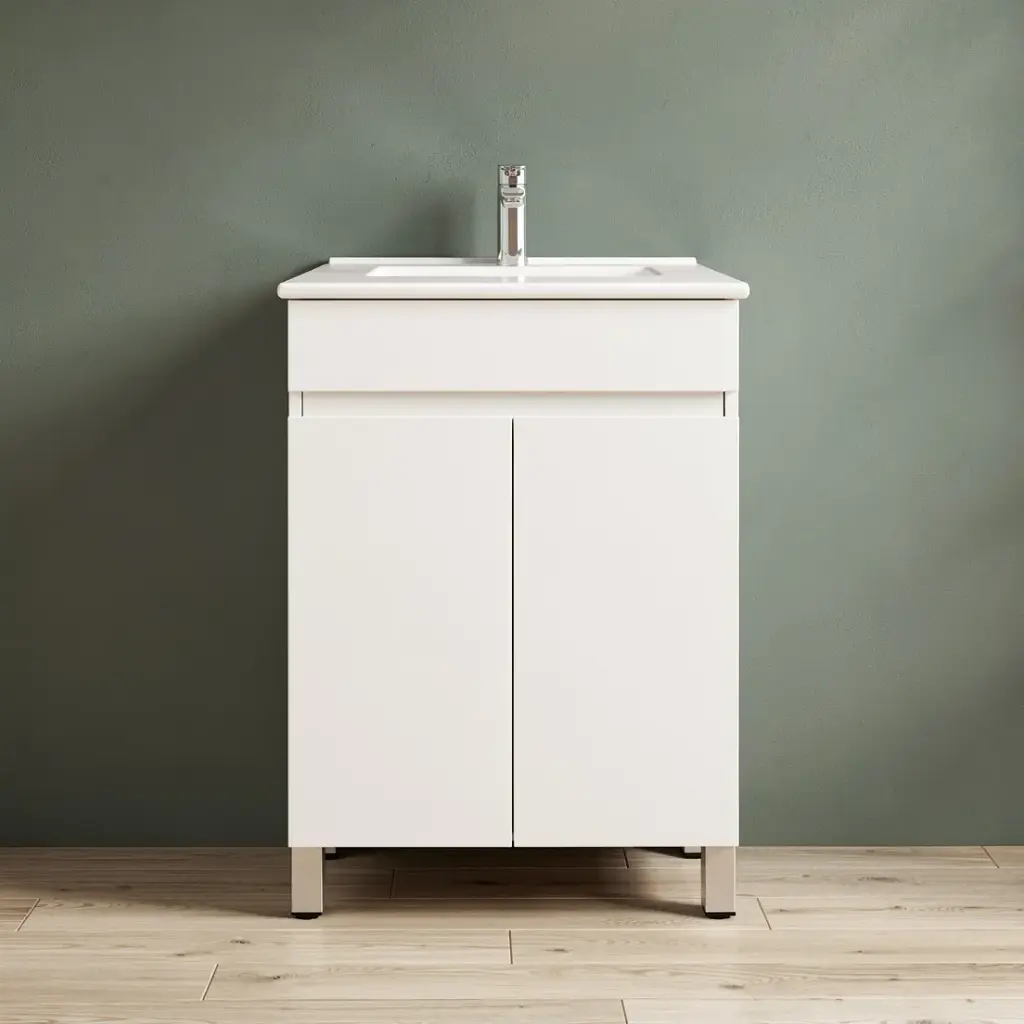 [91004/M64L] 600mm Gloss White MDF 2 Doors Freestanding Bathroom Vanity Cabinet Only