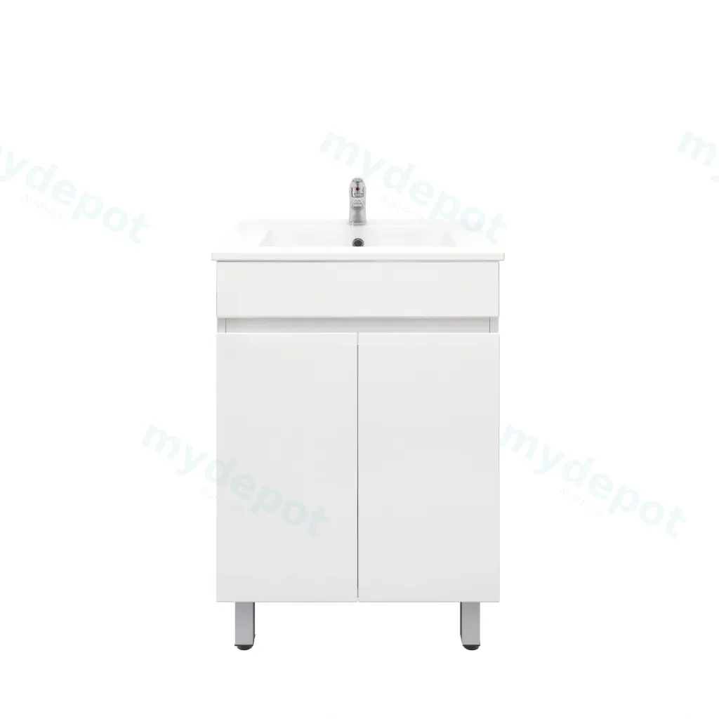 [92004/PVC64L] 600mm Freestanding Bathroom Vanity Cabinet Only with Legs PVC 2 Door Gloss White