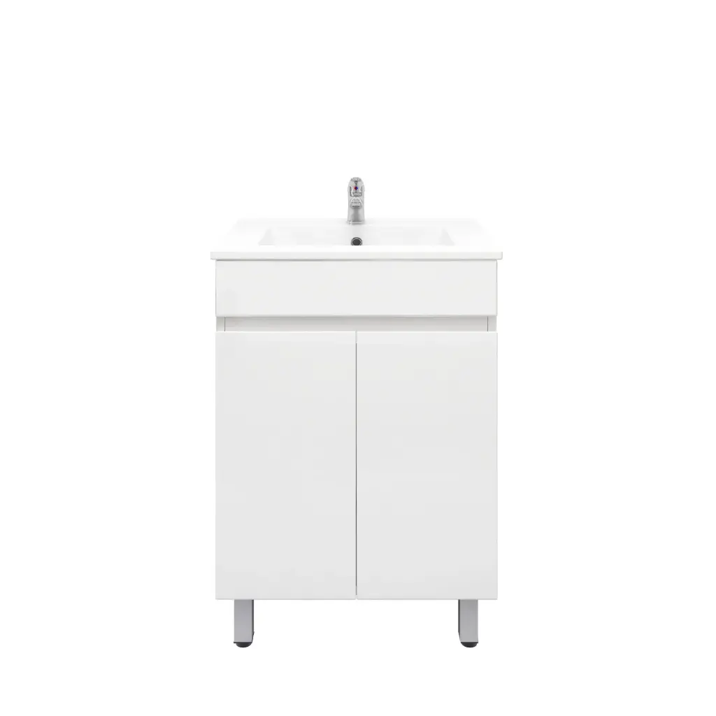 [92004/PVC64L] 600mm Freestanding Bathroom Vanity Cabinet Only with Legs PVC 2 Door Gloss White