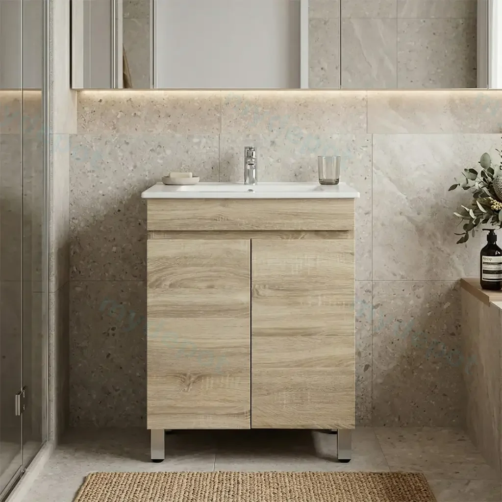 [93101/B64L-WO] 600mm White Oak MDF Freestanding Bathroom Vanity Cabinet Only 2 Doors