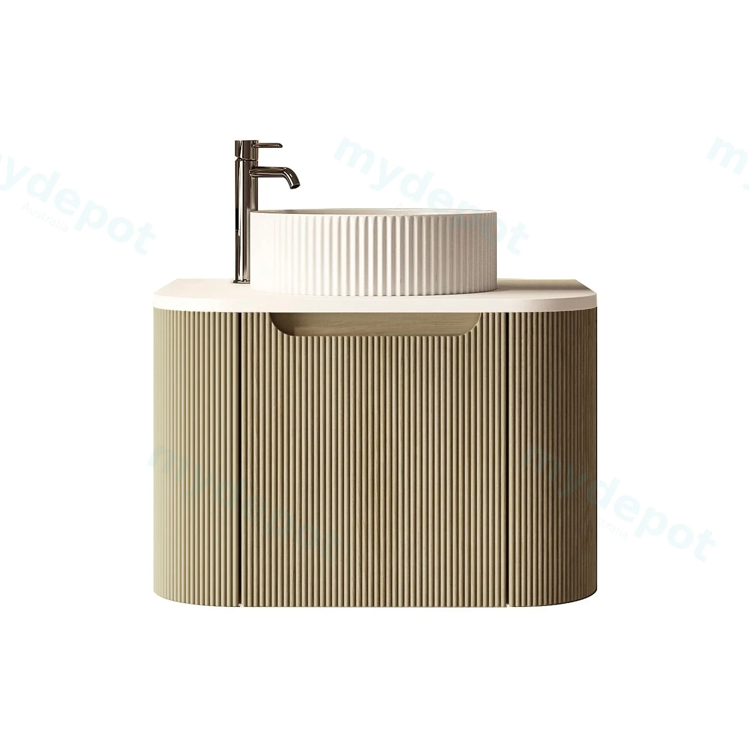 [50777] 600x460x400mm Rome Bur Oak Round Edge Grooved Wall Hung MDF Vanity With White Quartz Stone Top One Door