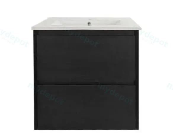 600x460x560mm Hera Black Oak Wall Hung MDF Vanity With Carrara White Stone Top Two Soft Closing Drawers