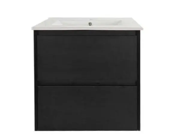 [50754] 600x460x560mm Hera Black Oak Wall Hung MDF Vanity With Carrara White Stone Top Two Soft Closing Drawers