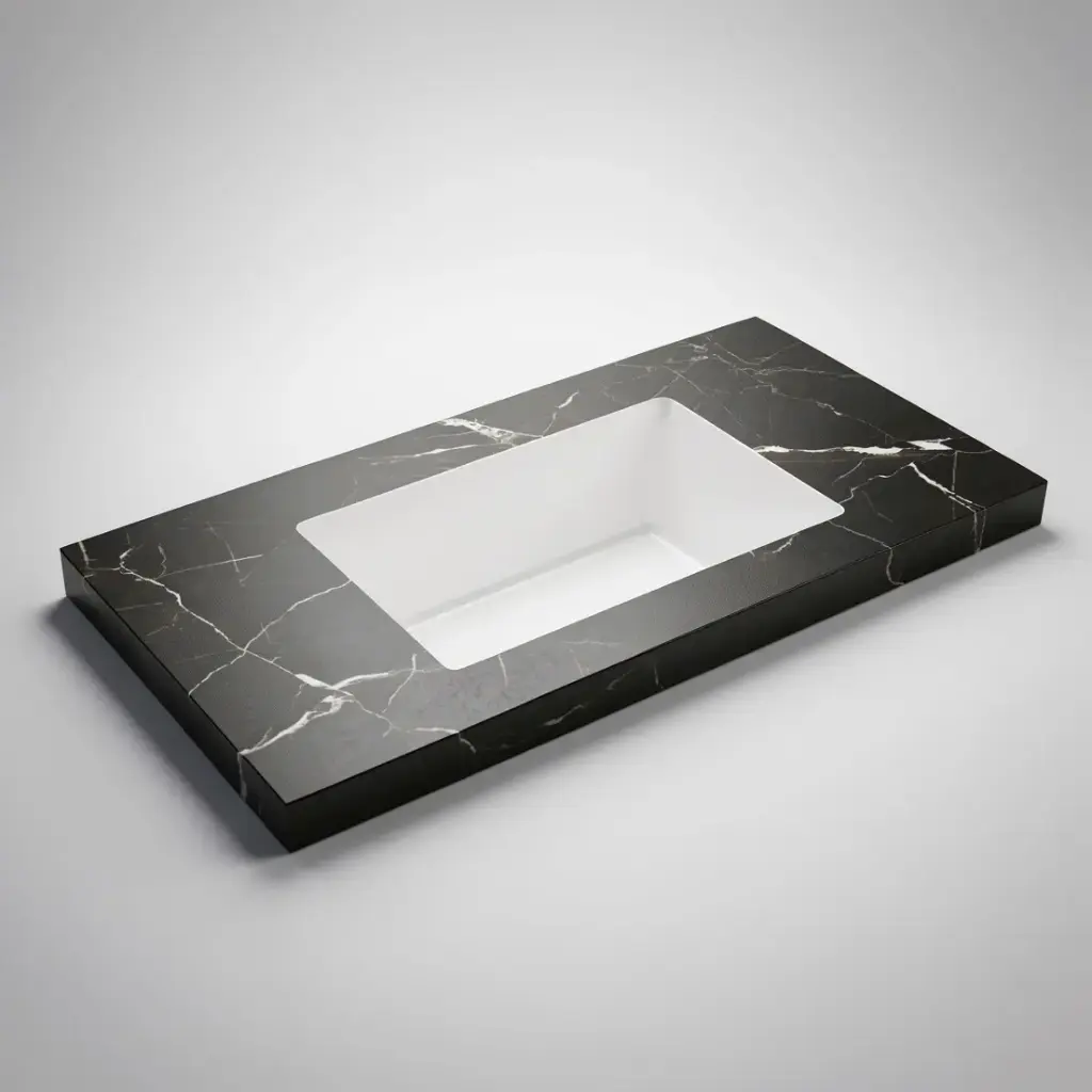 [56445] 605X465X50mm Calacatta Night Black Sintered Stone Semless Joined With Fine Ceramic Basin Stone Single Bowl,No Tap Hole