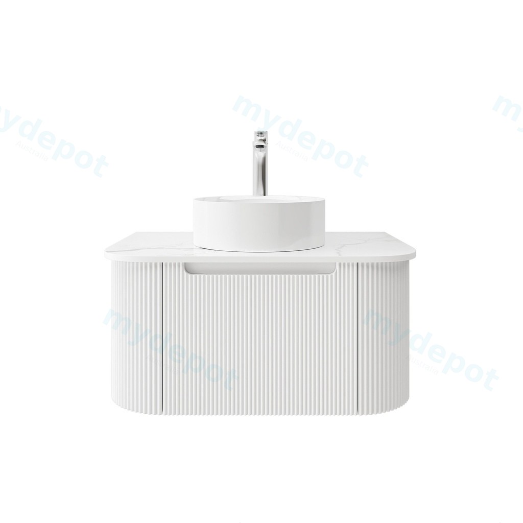 [92080/PVCKC75W-MW] 750mm Matte White PVC One Drawer Curved Wall Hung Vanity Cabinet Only
