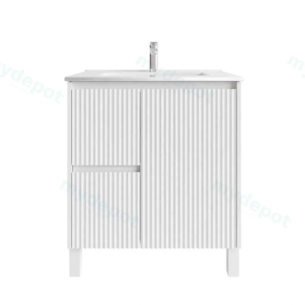 750mm Freestanding Bathroom Vanity Cabinet Only PVC Left Drawer Fluted Matte White