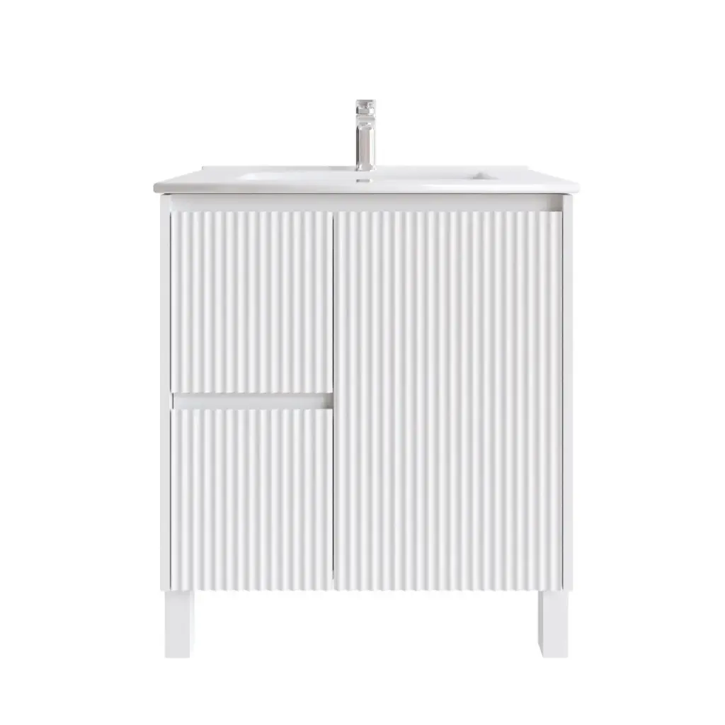 750mm Freestanding Bathroom Vanity Cabinet Only PVC Left Drawer Fluted Matte White