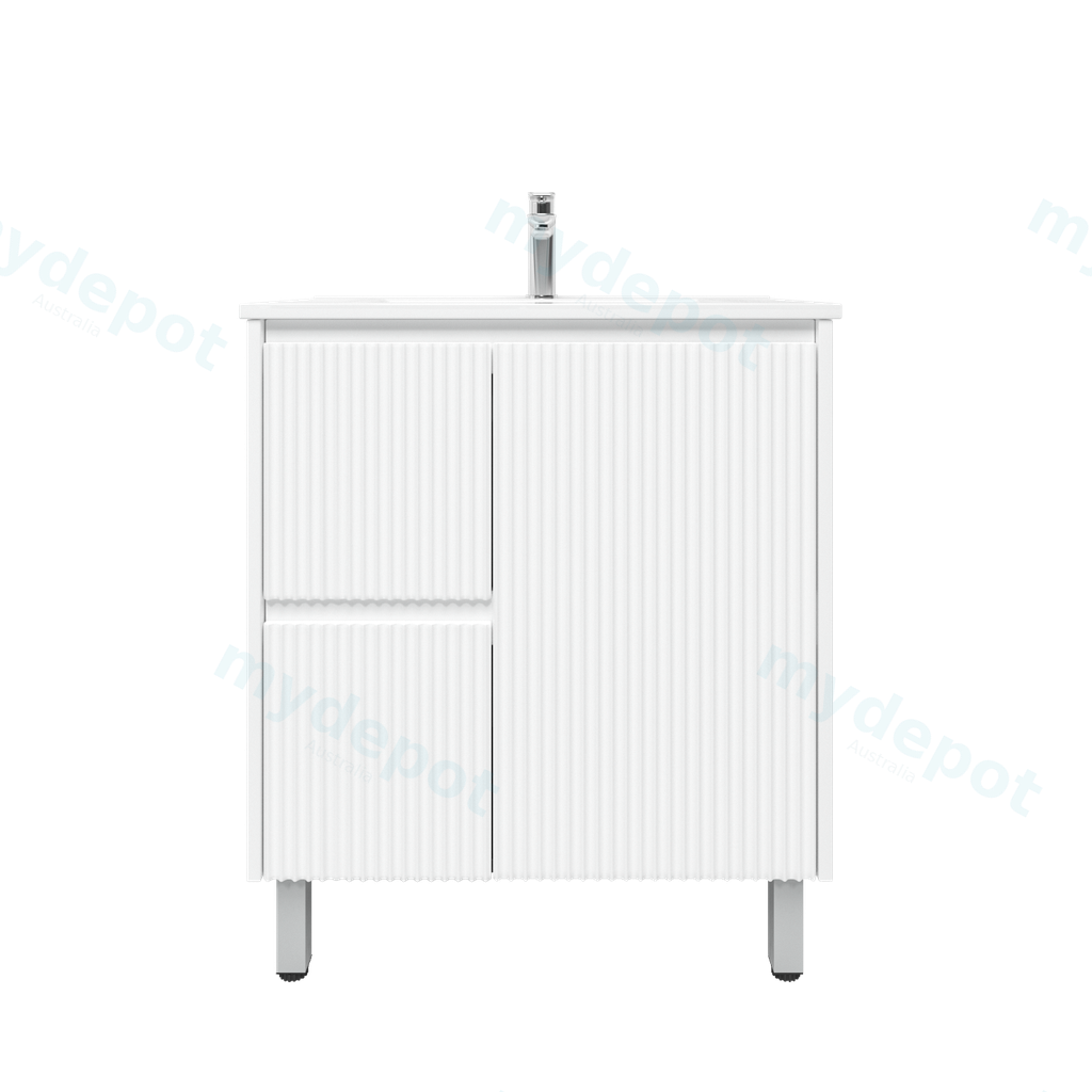 750mm Brio Freestanding Bathroom Vanity Cabinet Only PVC Left Drawer Fluted Matte White