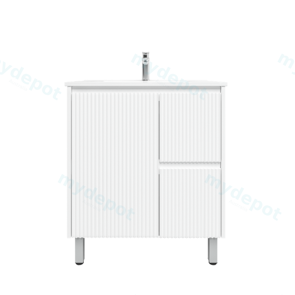 [92086/PVCKB74LR-MW] 750mm Brio Freestanding Bathroom Vanity Cabinet Only PVC Right Drawer Fluted Matte White