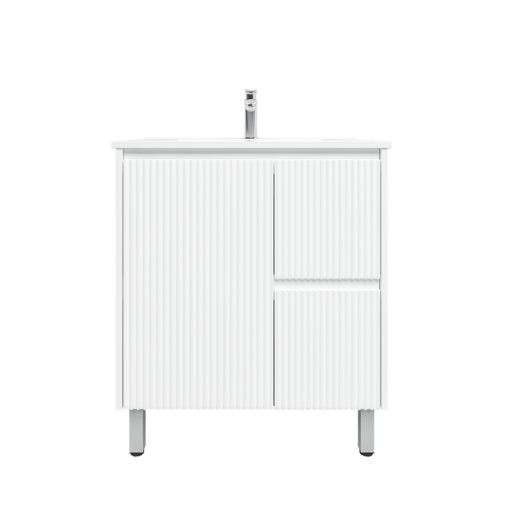 [92086/PVCKB74LR-MW] 750mm Brio Freestanding Bathroom Vanity Cabinet Only PVC Right Drawer Fluted Matte White