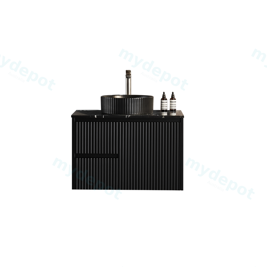 740X455X480mm Matte Black Crete Modern Fluted Wall Hung Vanity PVC Cabinet,Left Hand Drawers