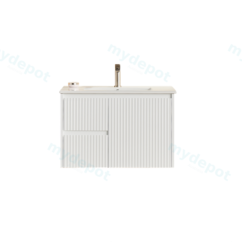 740X455X480mm Matte White Crete Modern Fluted Wall Hung Vanity PVC Cabinet,Left Hand Drawers