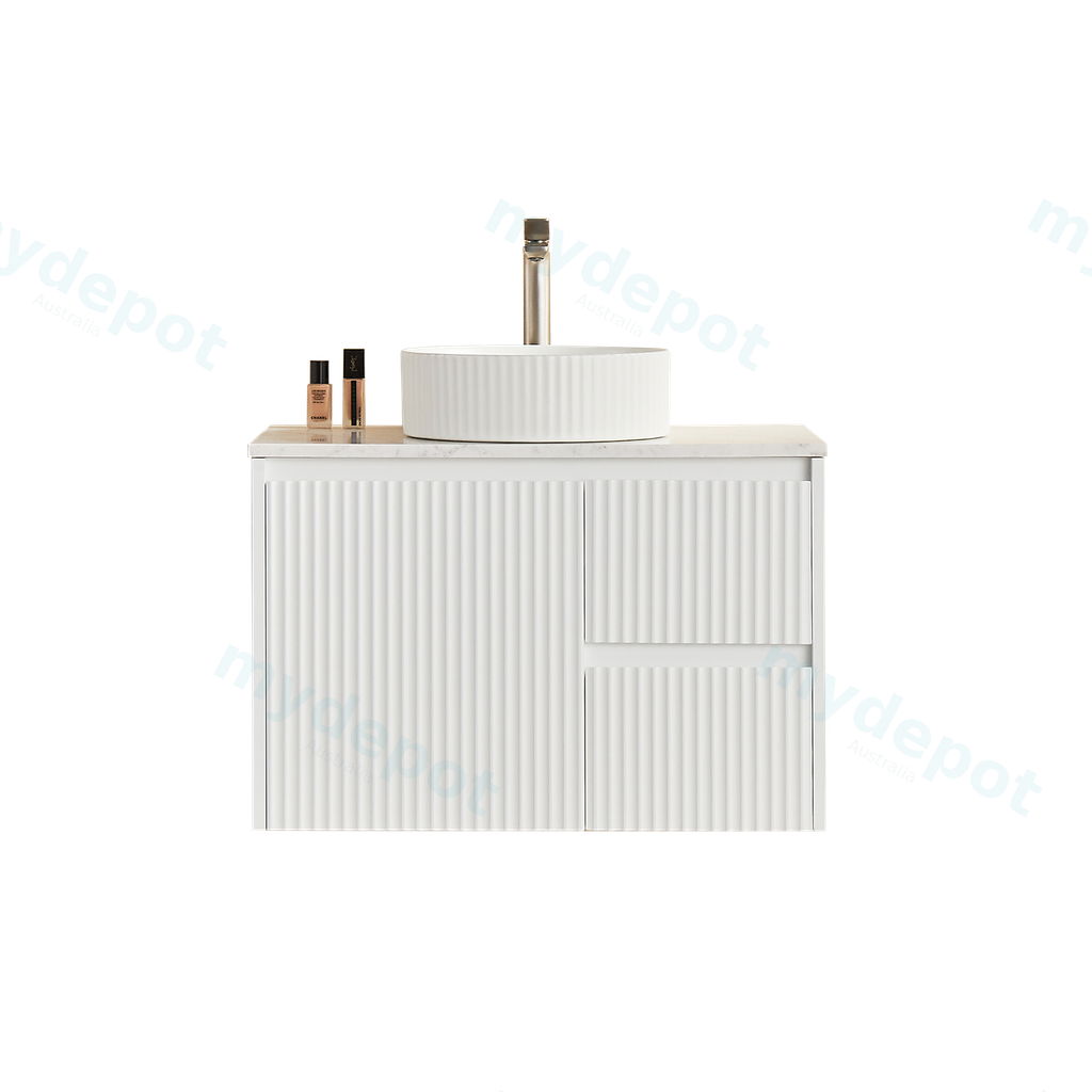 740x455x480mm Matte White Crete Modern Fluted Wall Hung Vanity PVC Cabinet,Right Hand Drawers