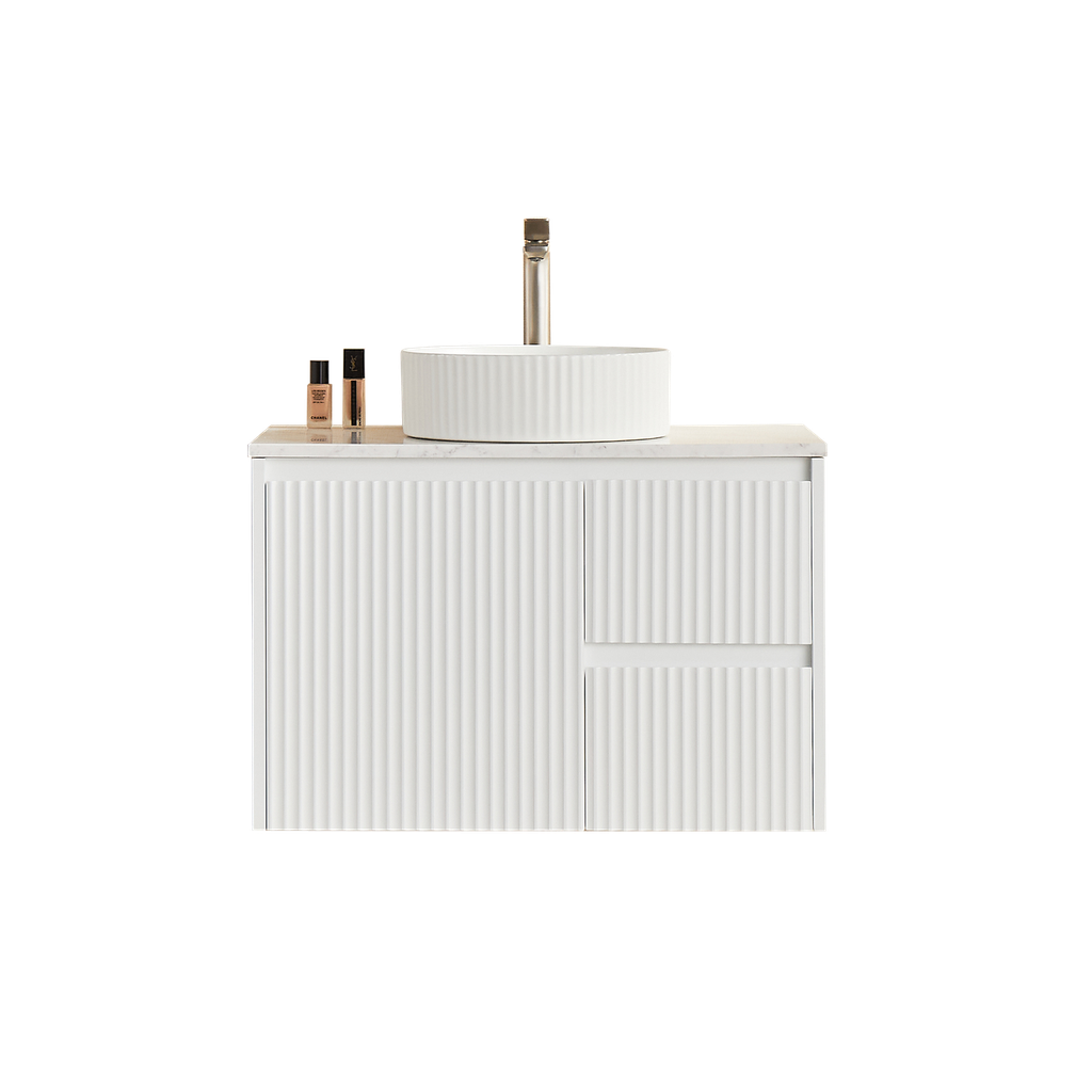 [56600] 740x455x480mm Matte White Crete Modern Fluted Wall Hung Vanity PVC Cabinet,Right Hand Drawers